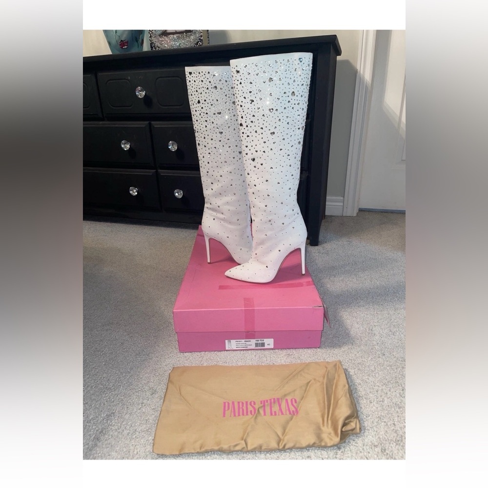 White Rhinestone Knee-High Stiletto Boots - Picture 4 of 10